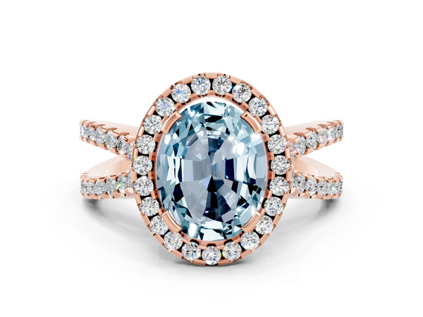 Rose gold Oval Cut Aquamarine Halo Ring with Split Shank Pavé Band and Prong Setting