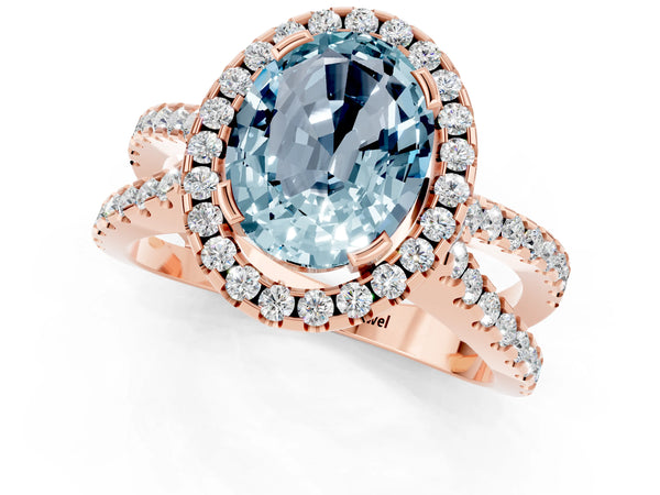 Rose gold Oval Cut Aquamarine Halo Ring with Split Shank Pavé Band and Prong Setting