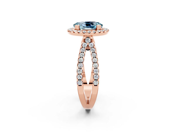 Rose gold Oval Cut Aquamarine Halo Ring with Split Shank Pavé Band and Prong Setting