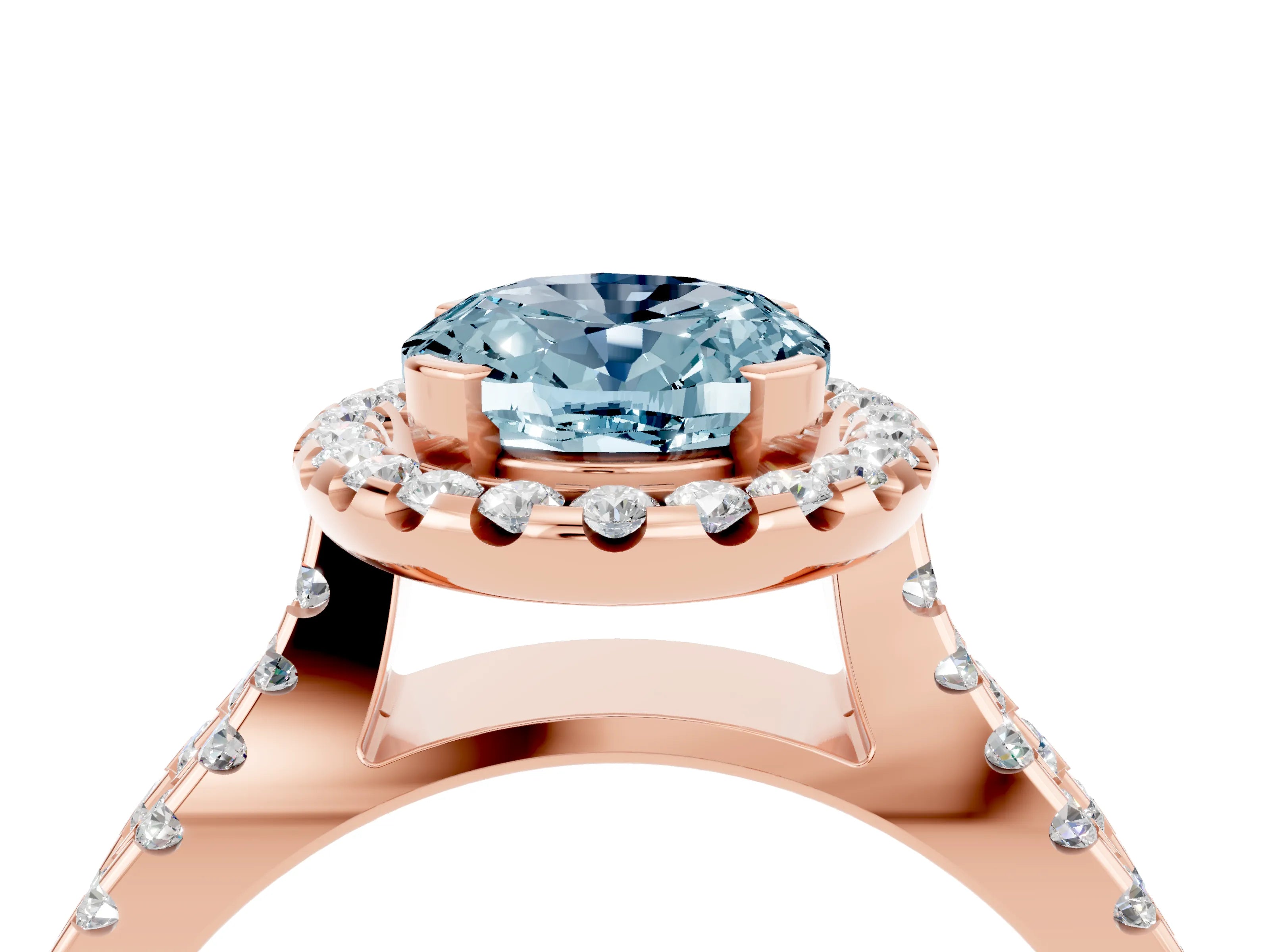 Rose gold Oval Cut Aquamarine Halo Ring with Split Shank Pavé Band and Prong Setting_4