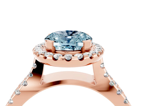 Rose gold Oval Cut Aquamarine Halo Ring with Split Shank Pavé Band and Prong Setting_4