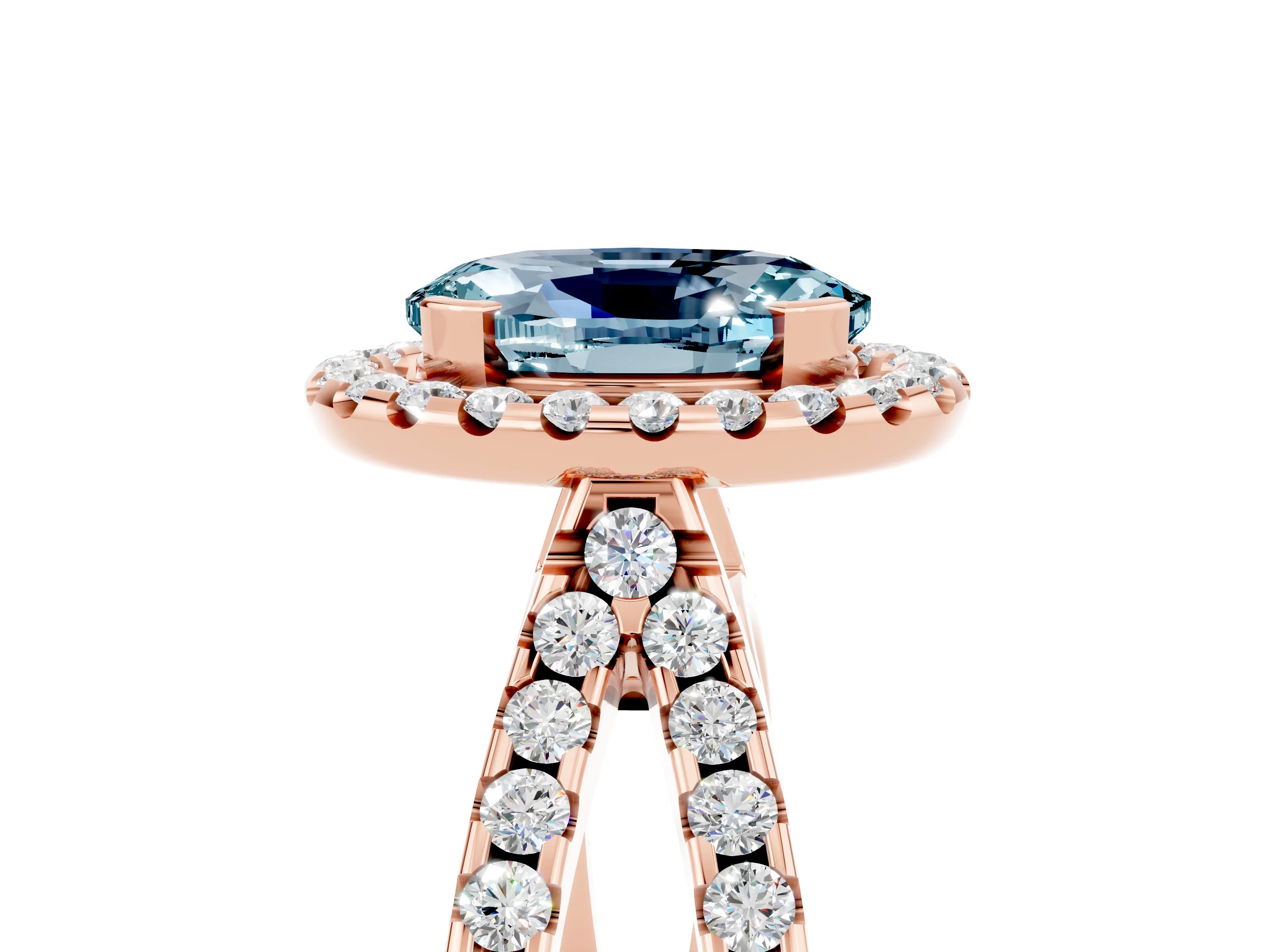 Rose gold Oval Cut Aquamarine Halo Ring with Split Shank Pavé Band and Prong Setting_5