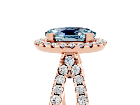 Rose gold Oval Cut Aquamarine Halo Ring with Split Shank Pavé Band and Prong Setting_5
