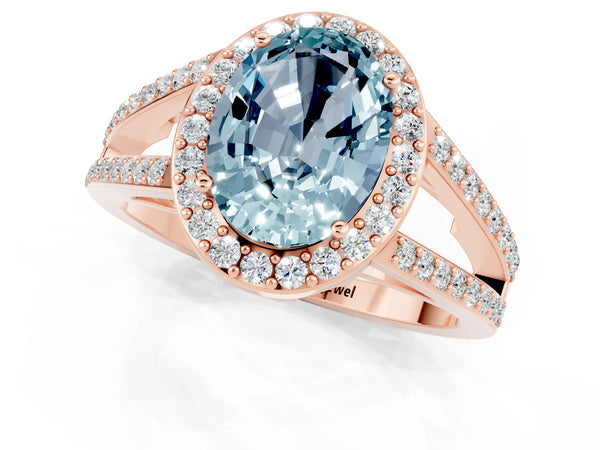 Rose gold Oval Cut Aquamarine Halo Ring with Split Shank U-Prong Band and Four-Prong Setting