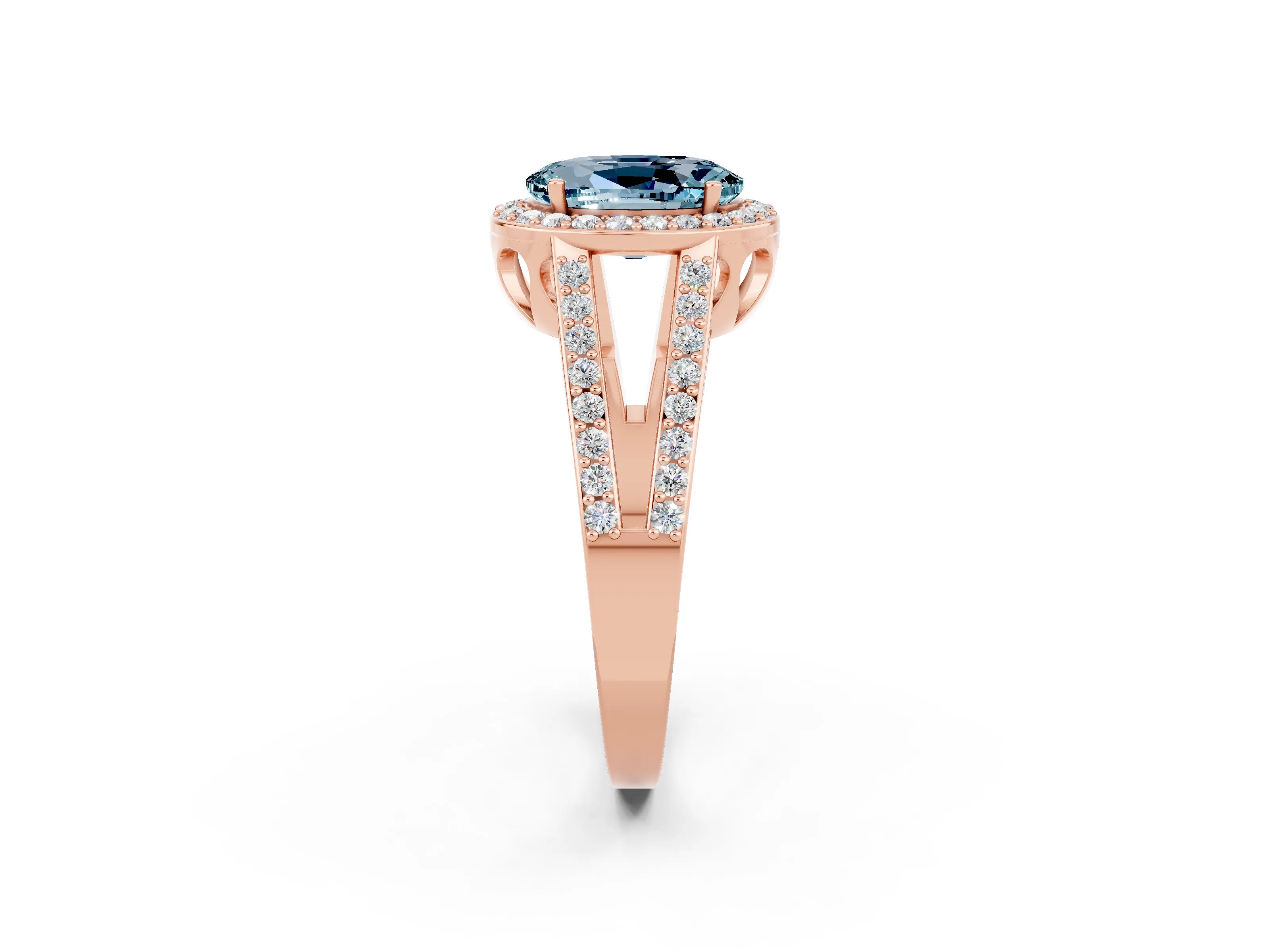 Rose gold Oval Cut Aquamarine Halo Ring with Split Shank U-Prong Band and Four-Prong Setting_2