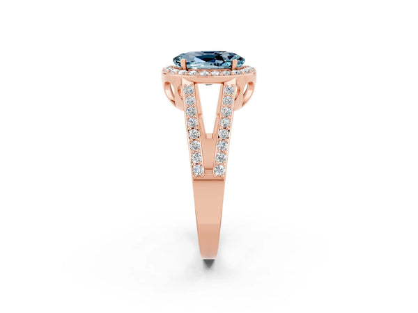 Rose gold Oval Cut Aquamarine Halo Ring with Split Shank U-Prong Band and Four-Prong Setting