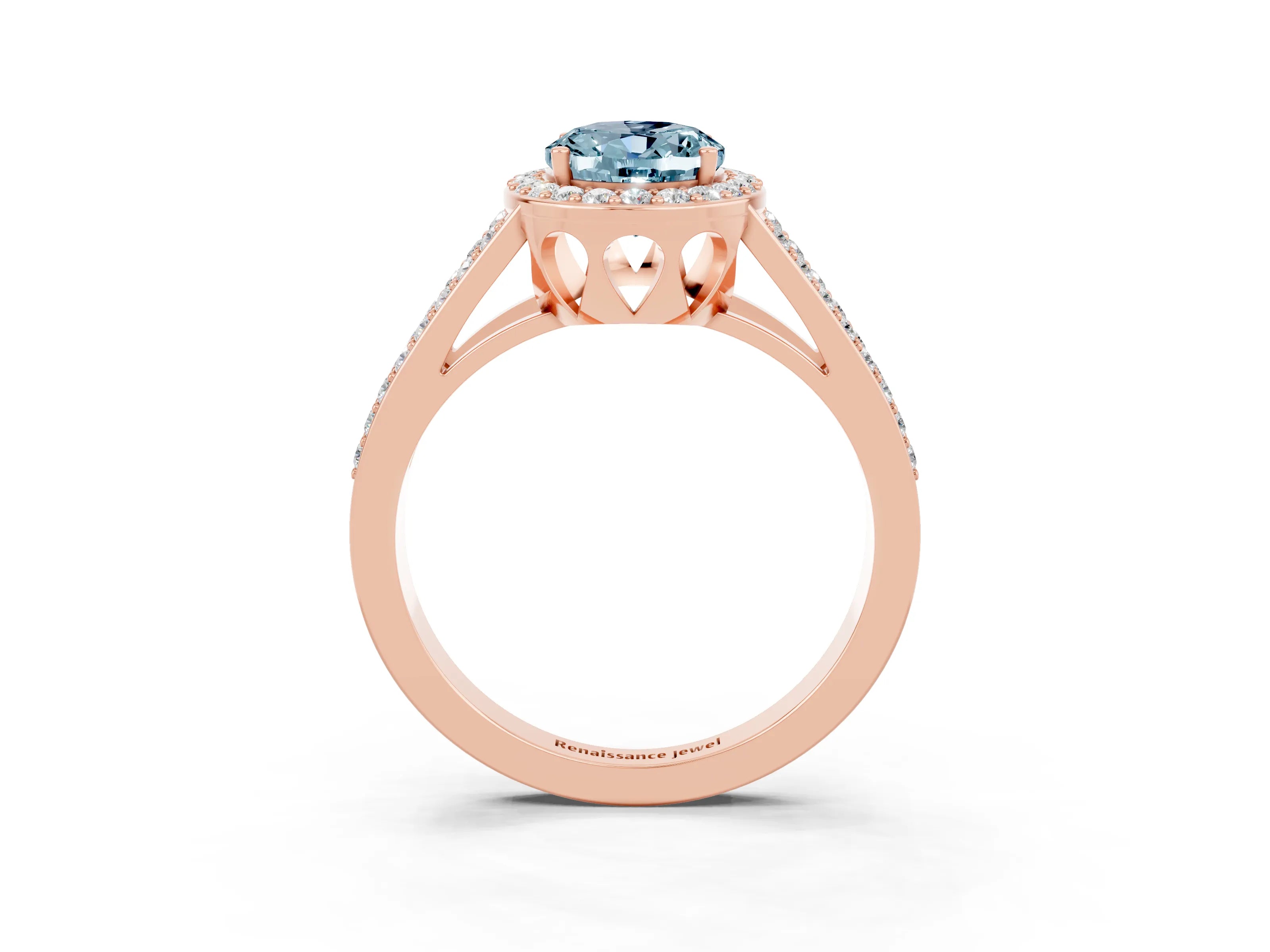 Rose gold Oval Cut Aquamarine Halo Ring with Split Shank U-Prong Band and Four-Prong Setting_3