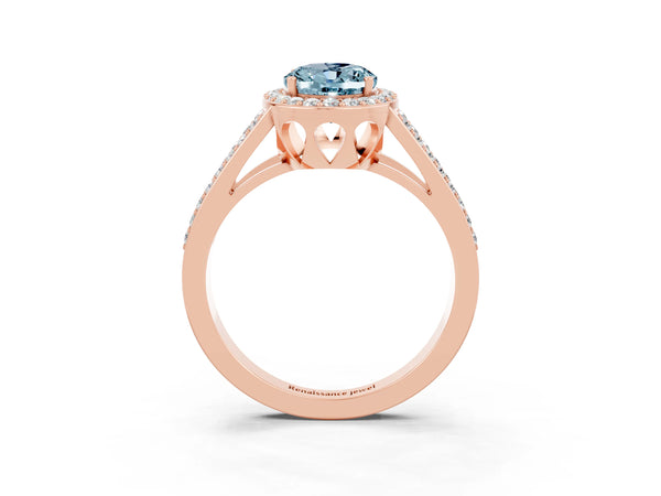 Rose gold Oval Cut Aquamarine Halo Ring with Split Shank U-Prong Band and Four-Prong Setting