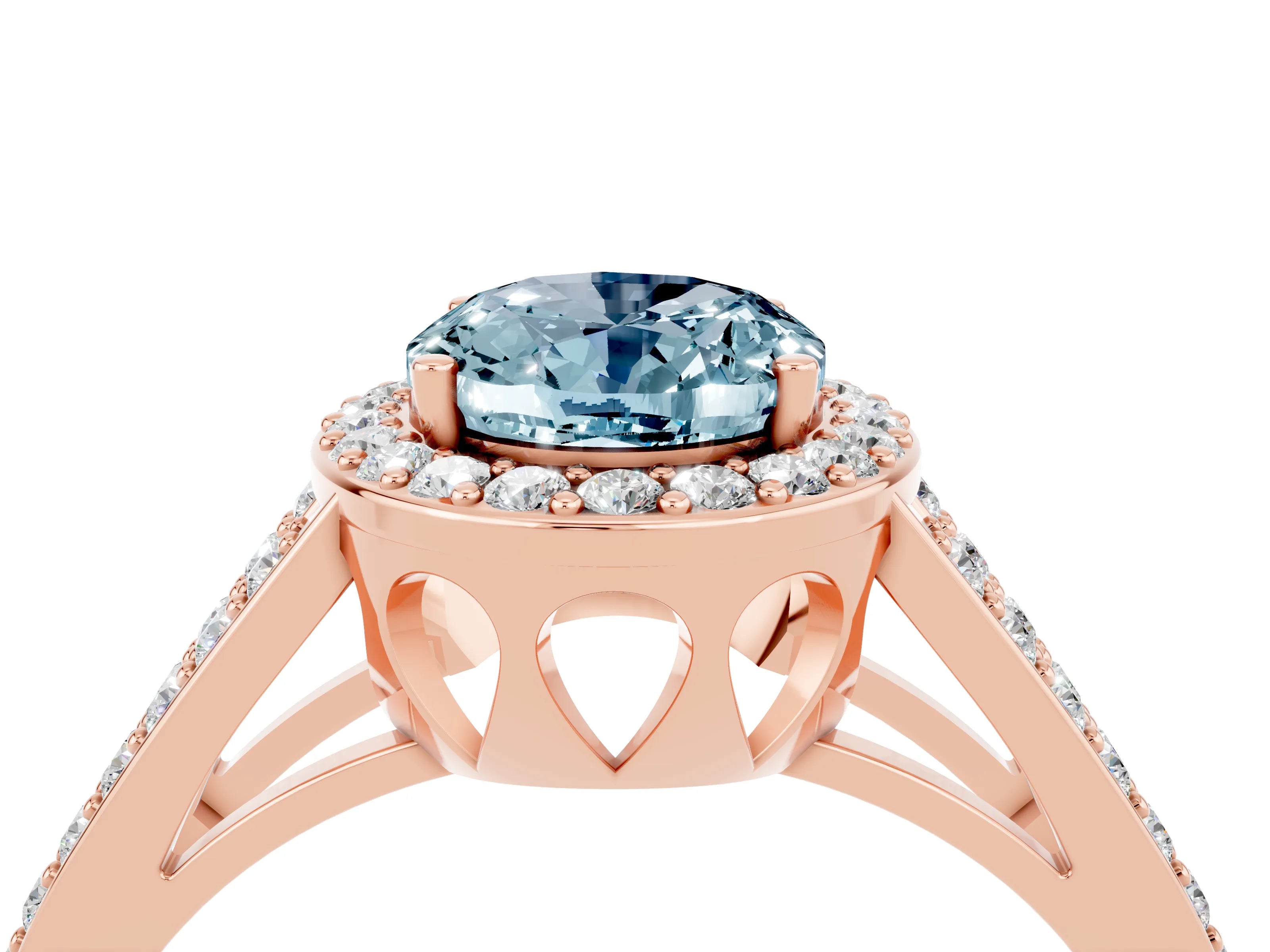 Rose gold Oval Cut Aquamarine Halo Ring with Split Shank U-Prong Band and Four-Prong Setting_4