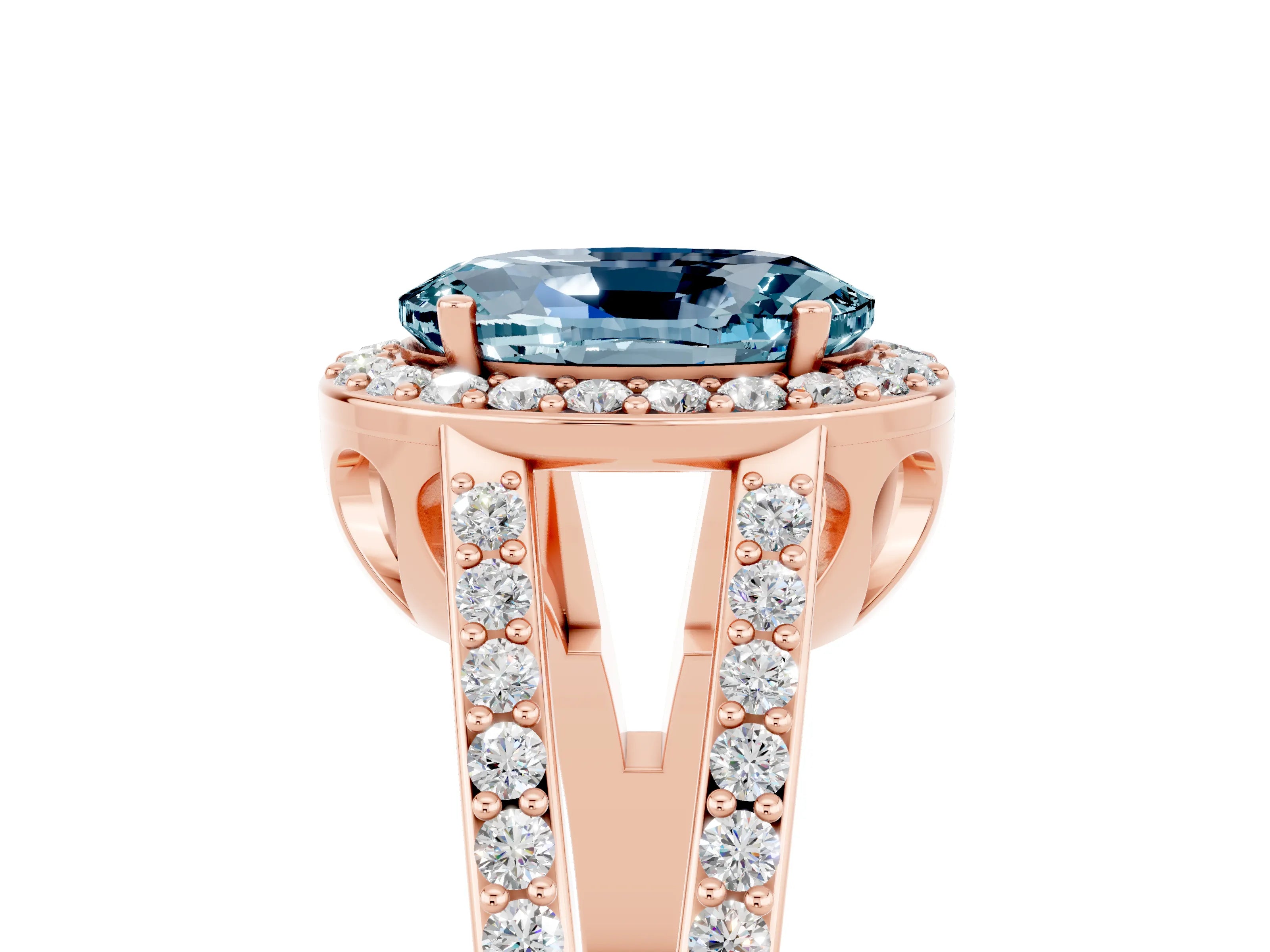 Rose gold Oval Cut Aquamarine Halo Ring with Split Shank U-Prong Band and Four-Prong Setting_5