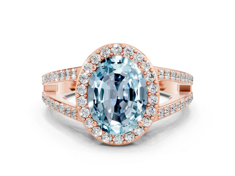 Rose gold Oval Cut Aquamarine Halo Ring with Split Shank U-Prong Band and Four-Prong Setting