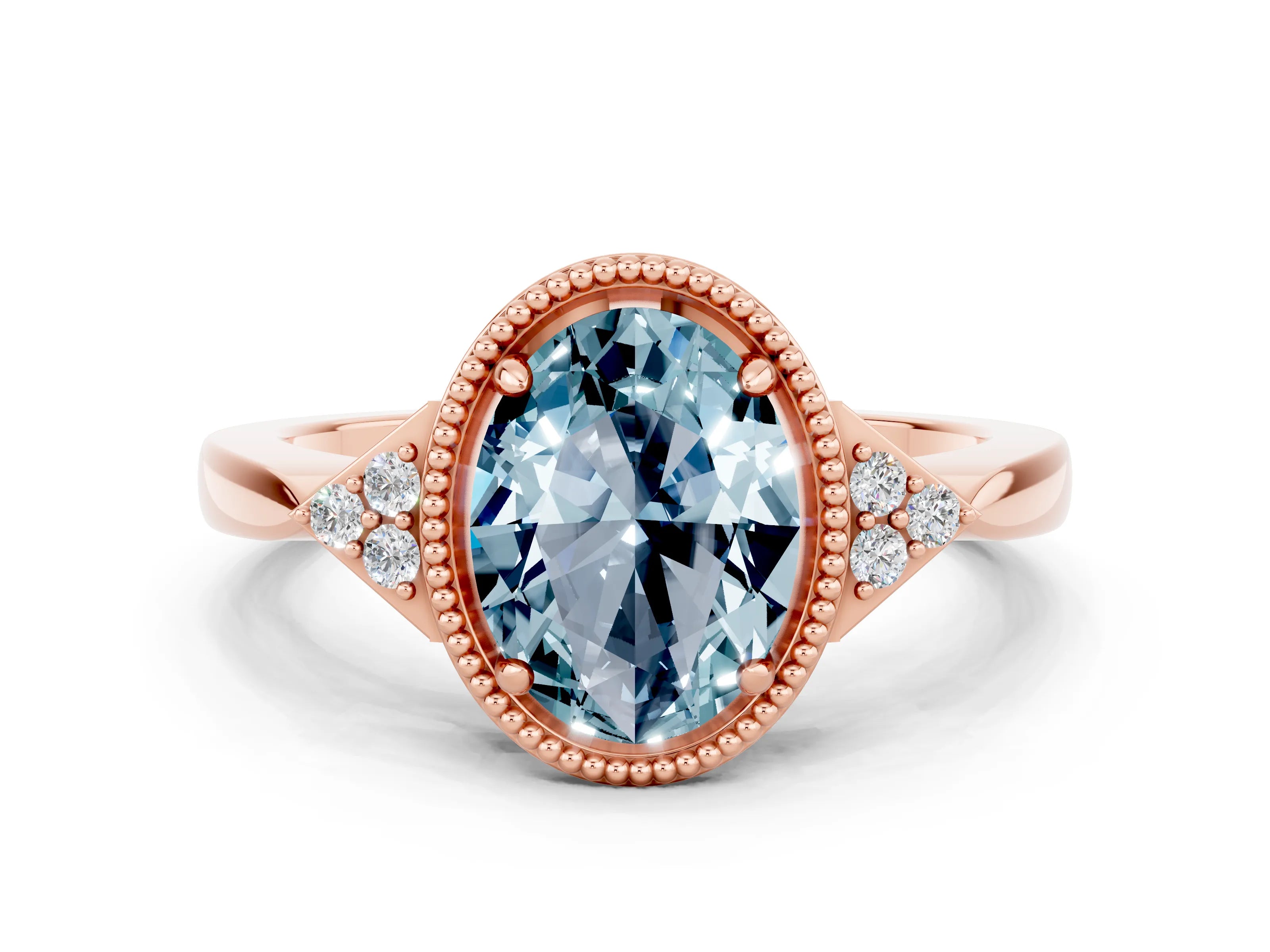 Rose gold Oval Cut Aquamarine Halo Ring with Tapered Band and Four-Prong Setting