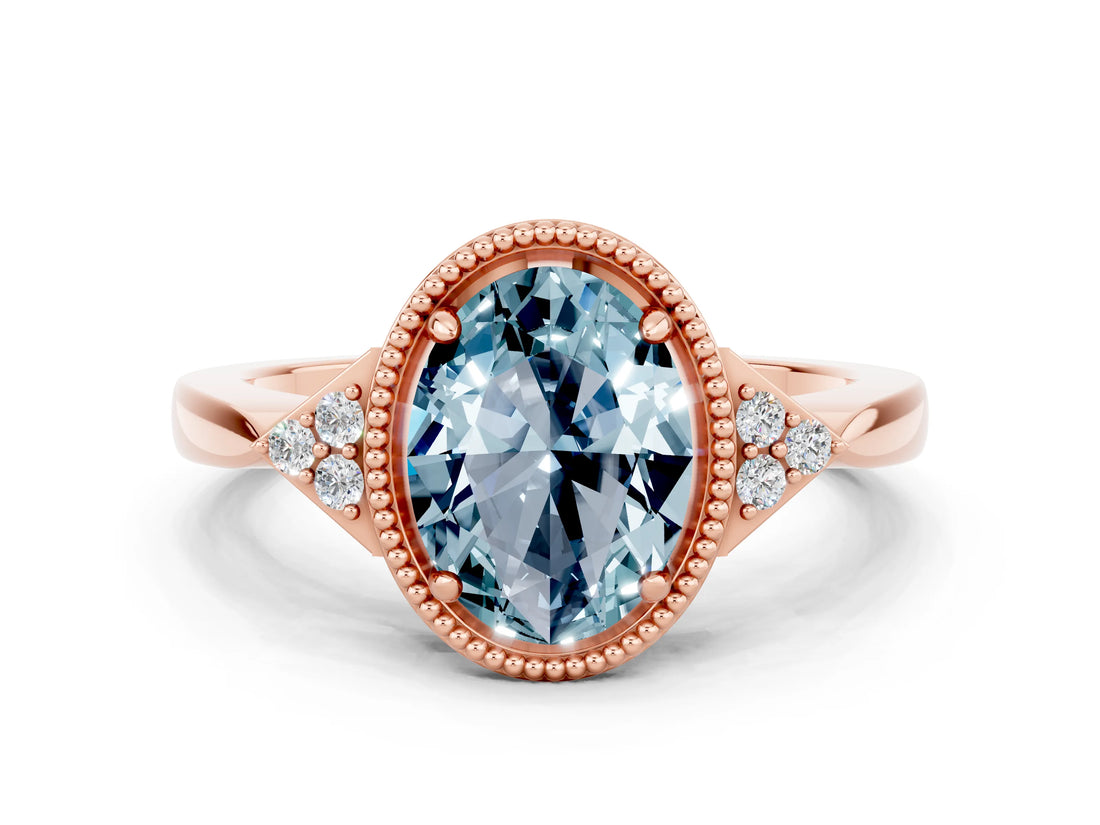 Rose gold Oval Cut Aquamarine Halo Ring with Tapered Band and Four-Prong Setting