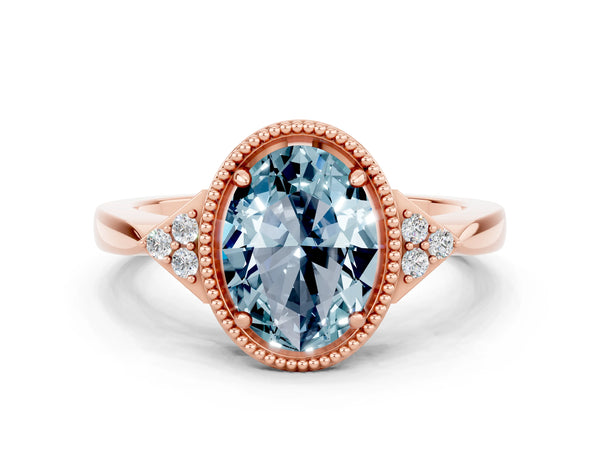 Rose gold Oval Cut Aquamarine Halo Ring with Tapered Band and Four-Prong Setting