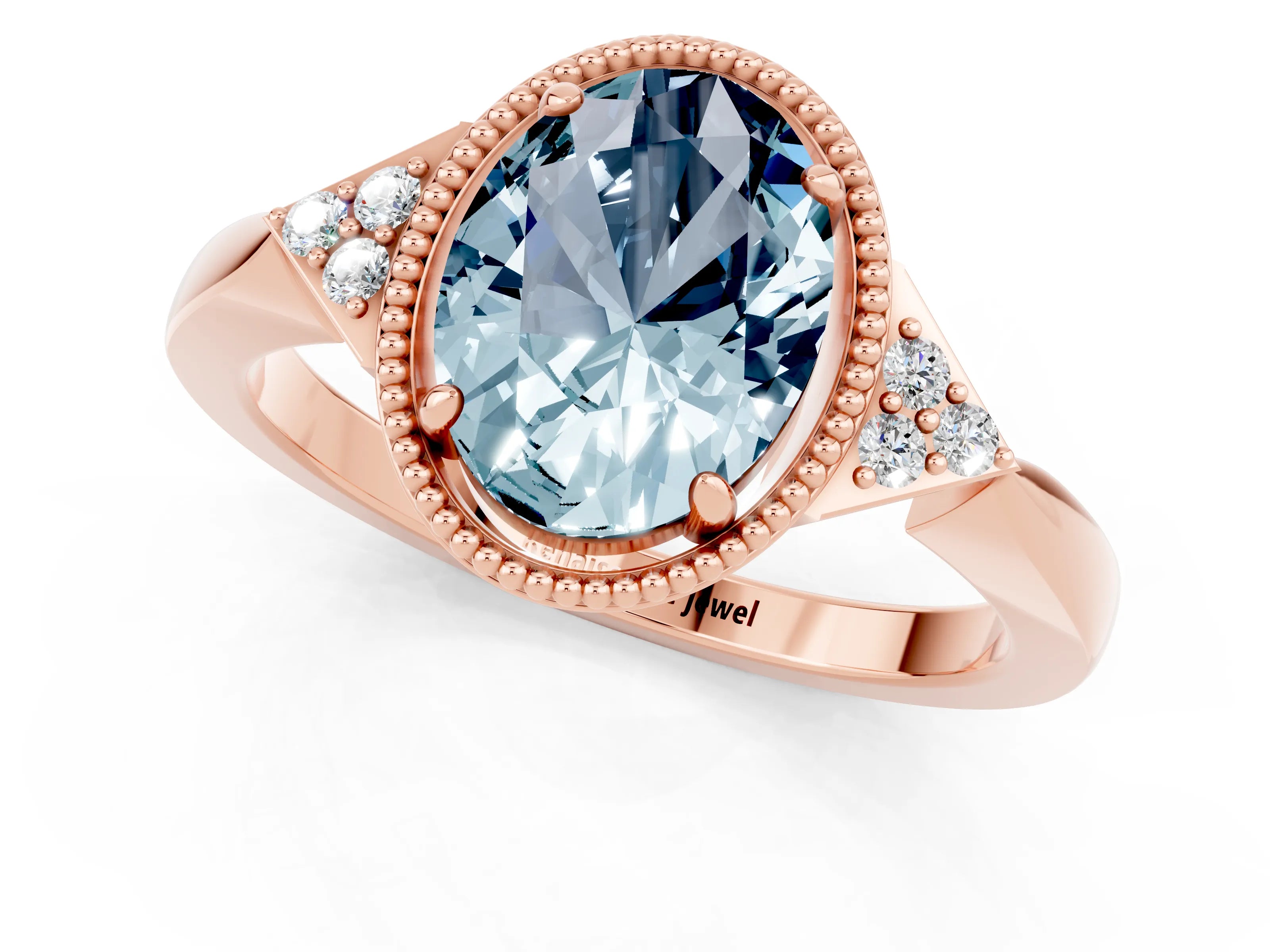 Rose gold Oval Cut Aquamarine Halo Ring with Tapered Band and Four-Prong Setting_1