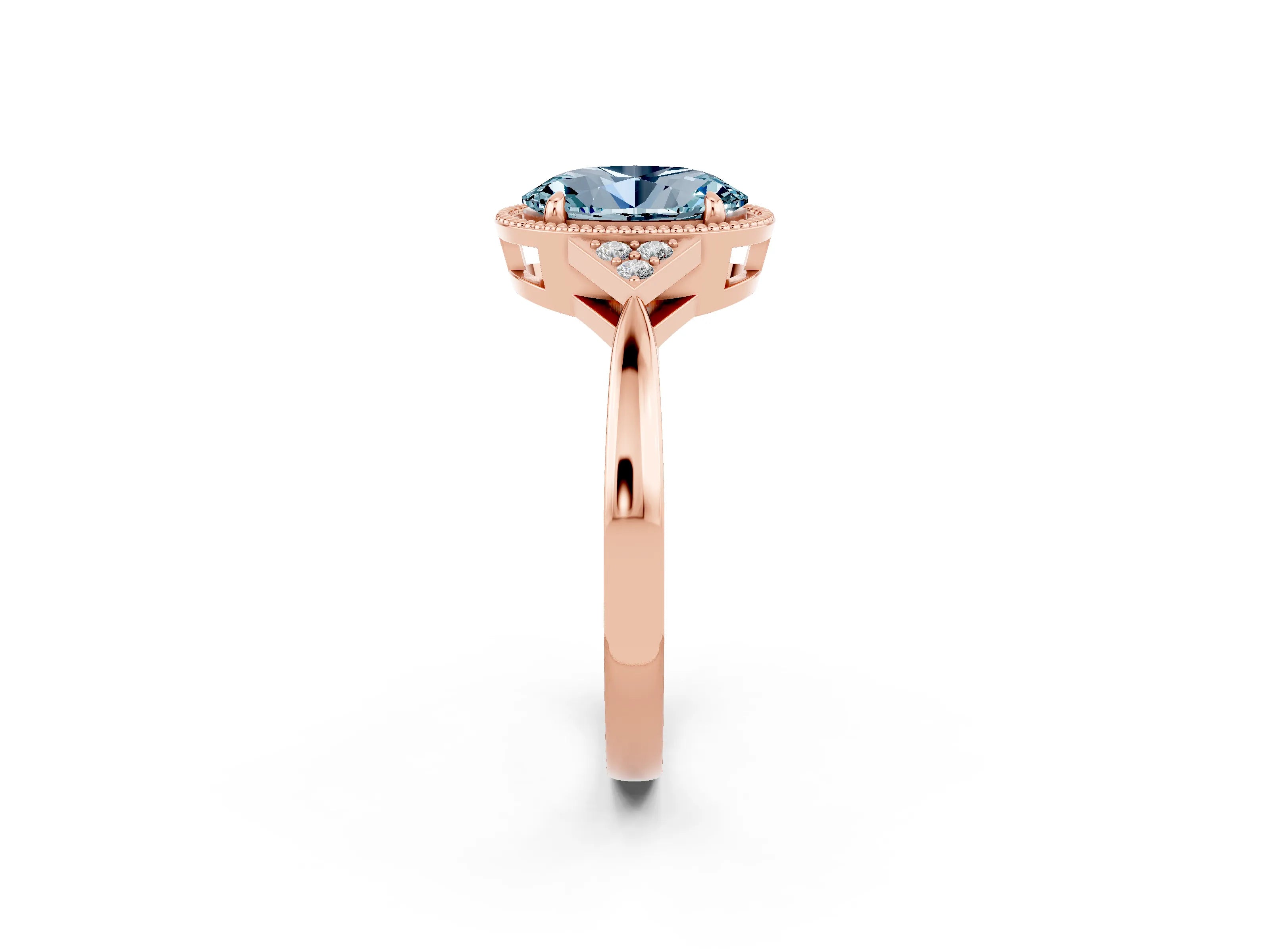 Rose gold Oval Cut Aquamarine Halo Ring with Tapered Band and Four-Prong Setting_2