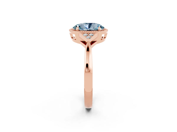 Rose gold Oval Cut Aquamarine Halo Ring with Tapered Band and Four-Prong Setting