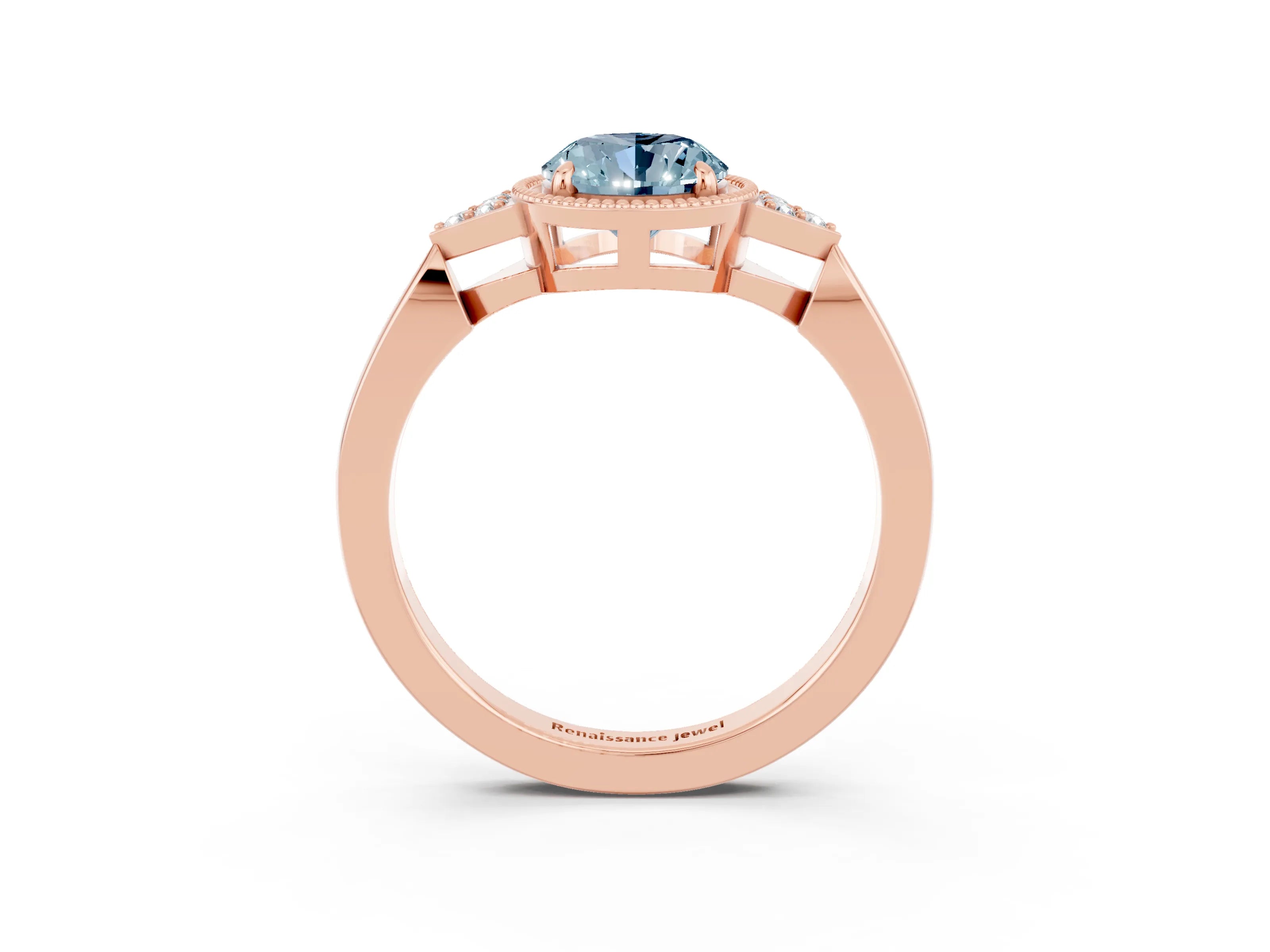 Rose gold Oval Cut Aquamarine Halo Ring with Tapered Band and Four-Prong Setting_3