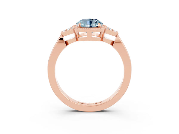 Rose gold Oval Cut Aquamarine Halo Ring with Tapered Band and Four-Prong Setting