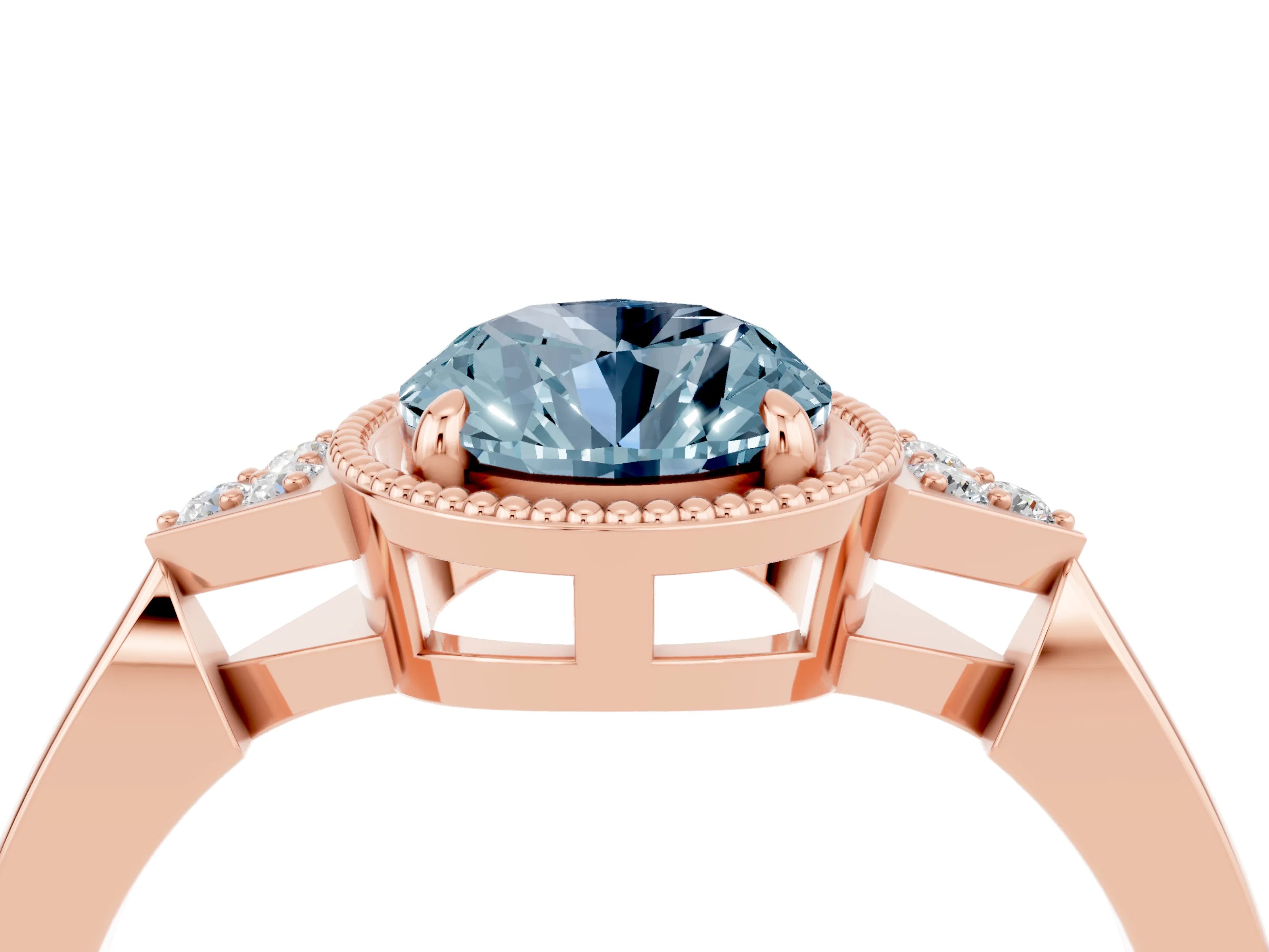 Rose gold Oval Cut Aquamarine Halo Ring with Tapered Band and Four-Prong Setting_4