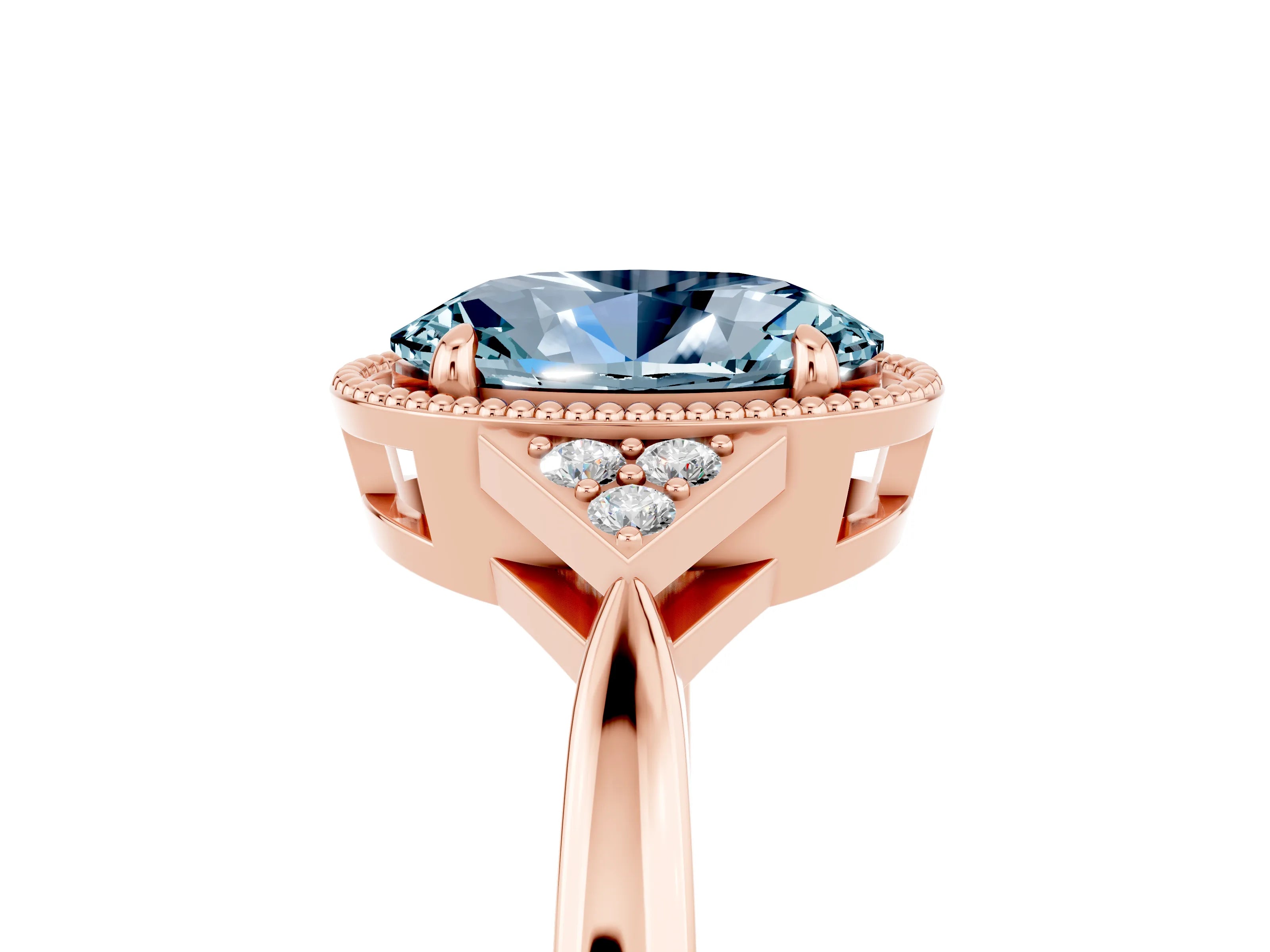 Rose gold Oval Cut Aquamarine Halo Ring with Tapered Band and Four-Prong Setting_5