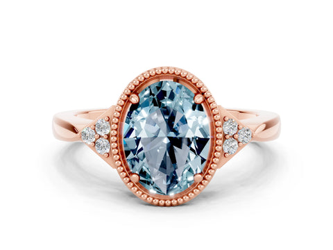 Rose gold Oval Cut Aquamarine Halo Ring with Tapered Band and Four-Prong Setting