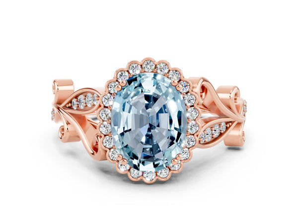 Rose gold Oval Cut Aquamarine Halo Ring with Vintage Split Shank and Four-Prong Setting
