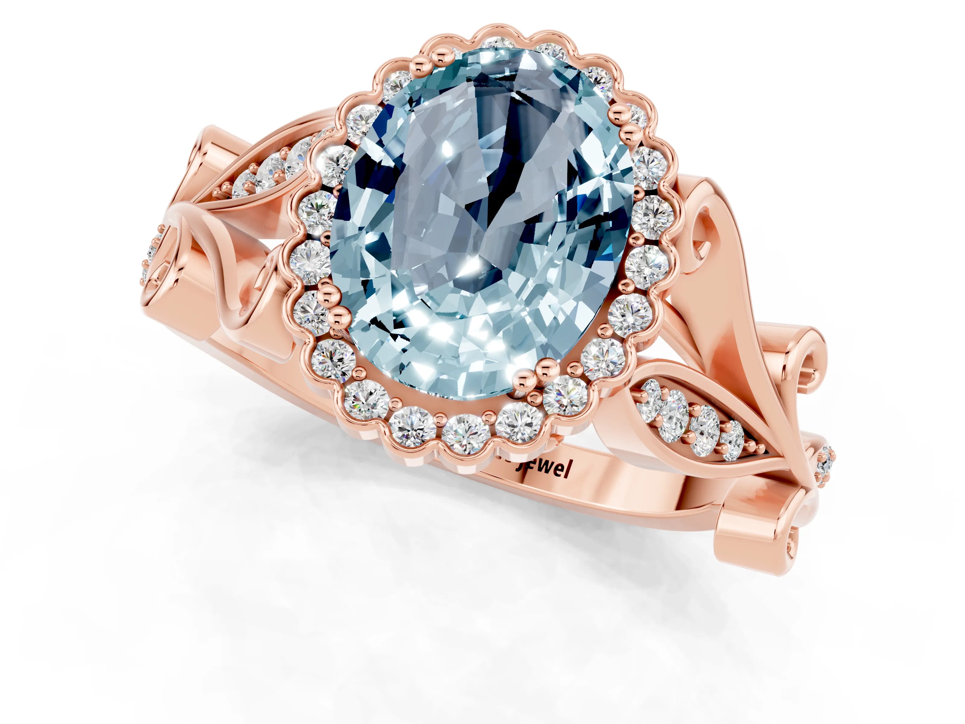 Rose gold Oval Cut Aquamarine Halo Ring with Vintage Split Shank and Four-Prong Setting_1