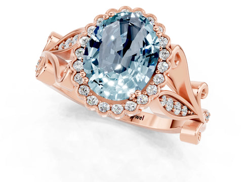 Rose gold Oval Cut Aquamarine Halo Ring with Vintage Split Shank and Four-Prong Setting_1