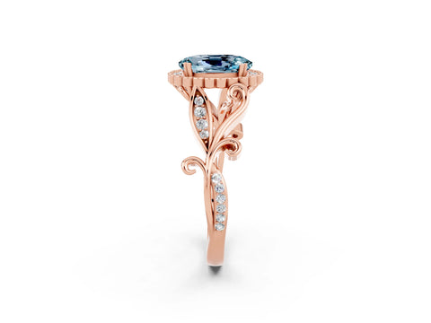 Rose gold Oval Cut Aquamarine Halo Ring with Vintage Split Shank and Four-Prong Setting_2