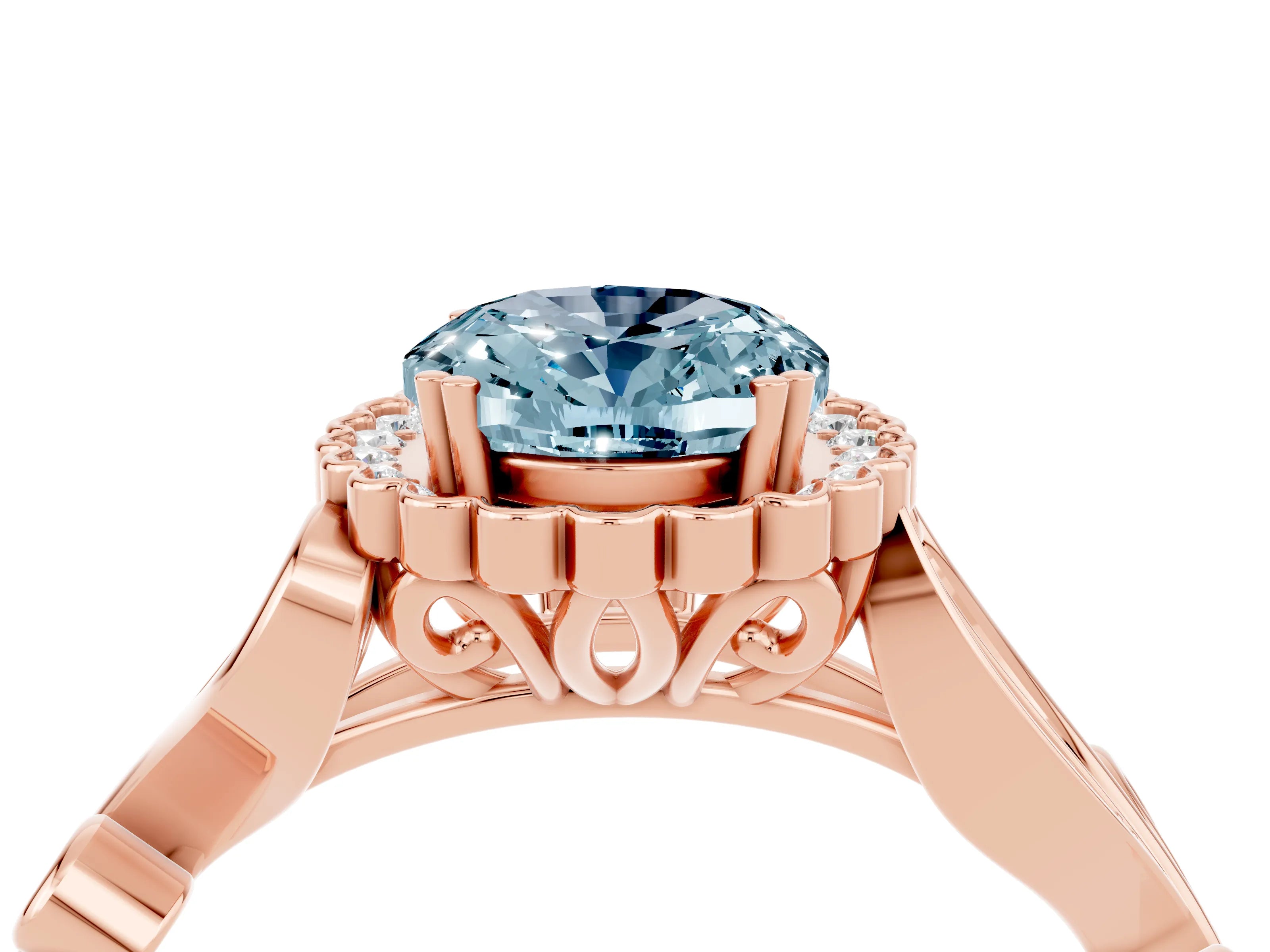 Rose gold Oval Cut Aquamarine Halo Ring with Vintage Split Shank and Four-Prong Setting_4