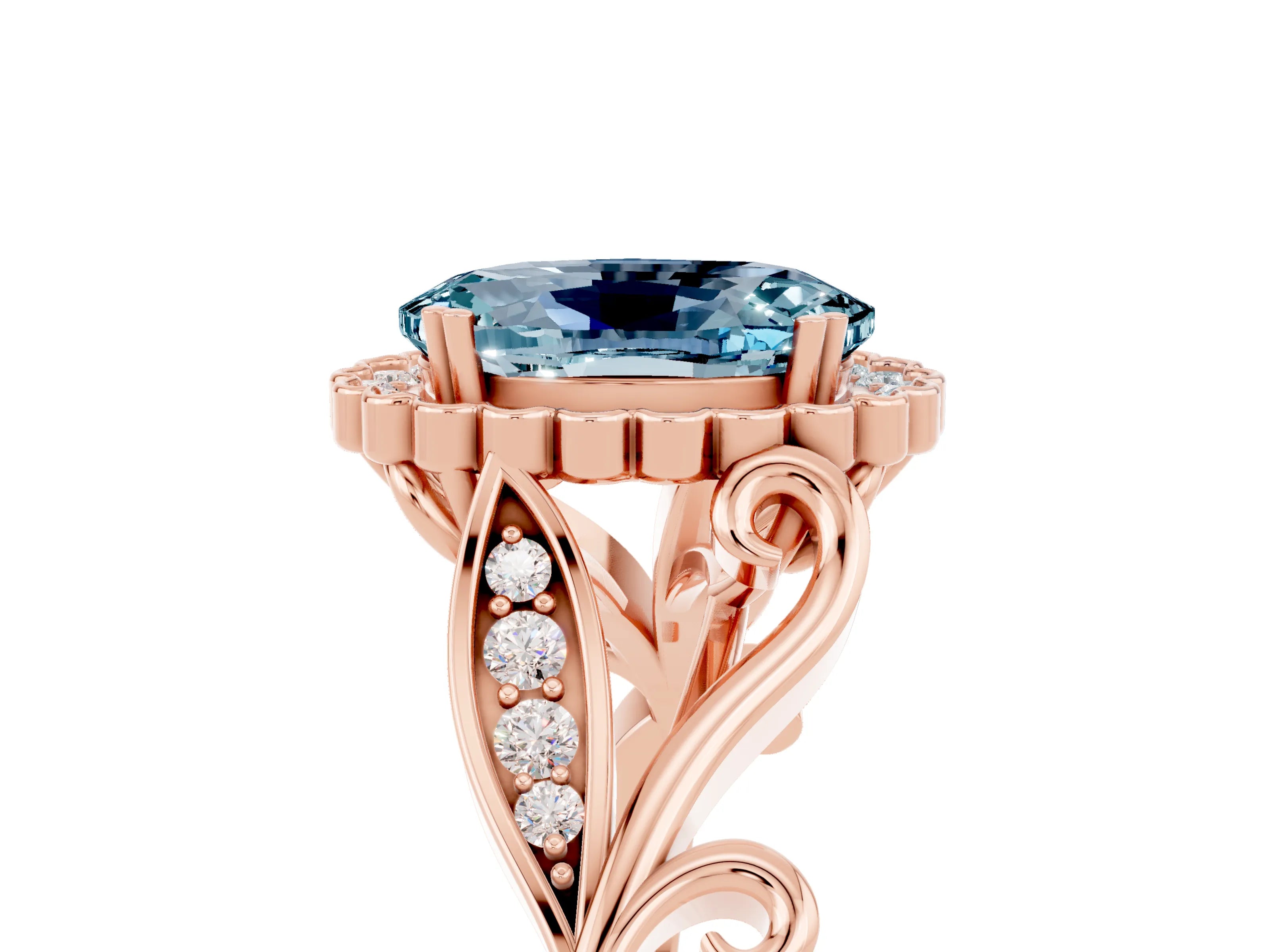 Rose gold Oval Cut Aquamarine Halo Ring with Vintage Split Shank and Four-Prong Setting_5