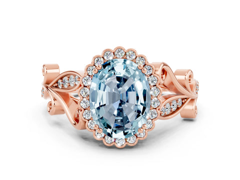 Rose gold Oval Cut Aquamarine Halo Ring with Vintage Split Shank and Four-Prong Setting