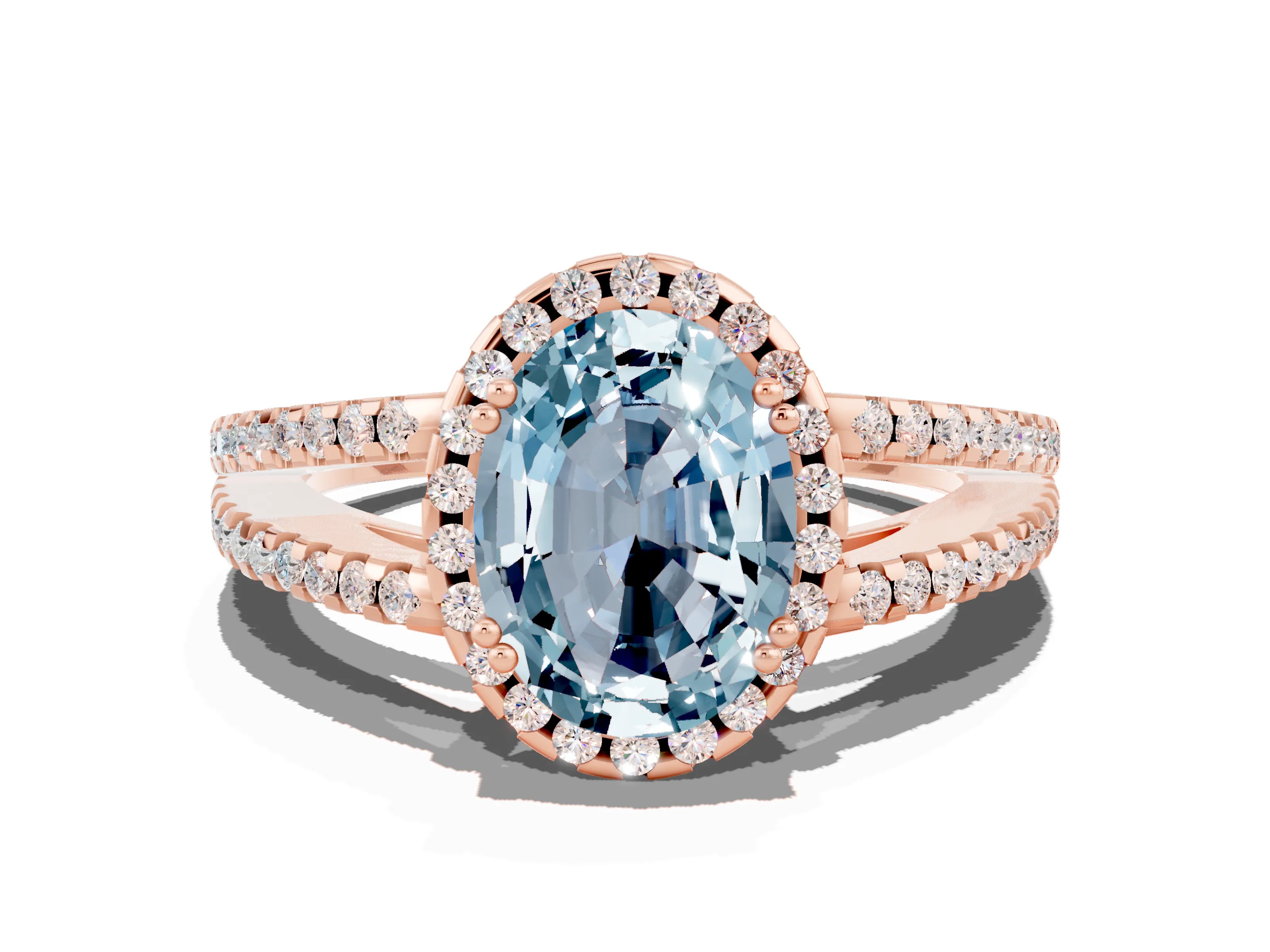 Rose gold Oval Cut Aquamarine Halo Split Shank Engagement Ring_12