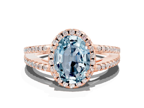 Rose gold Oval Cut Aquamarine Halo Split Shank Engagement Ring_12