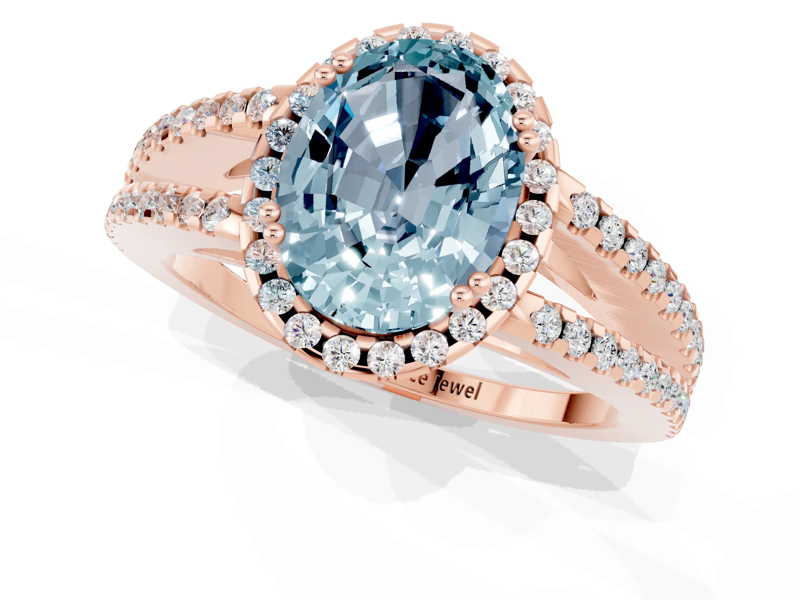 Rose gold Oval Cut Aquamarine Halo Split Shank Engagement Ring_13