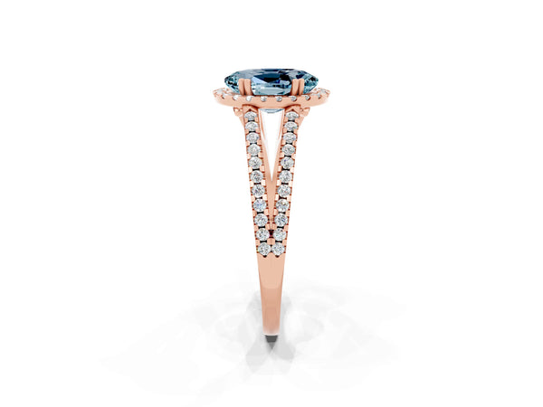 Rose gold Oval Cut Aquamarine Halo Split Shank Engagement Ring