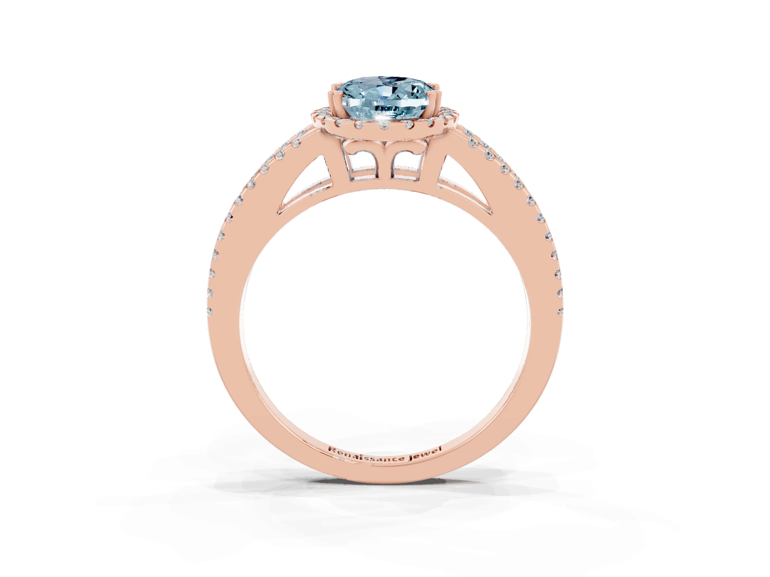 Rose gold Oval Cut Aquamarine Halo Split Shank Engagement Ring_15