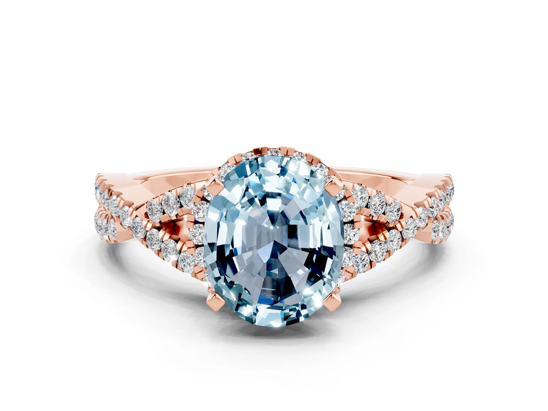 Rose gold Oval Cut Aquamarine Halo Twist Band Solitaire Prong Setting Ring