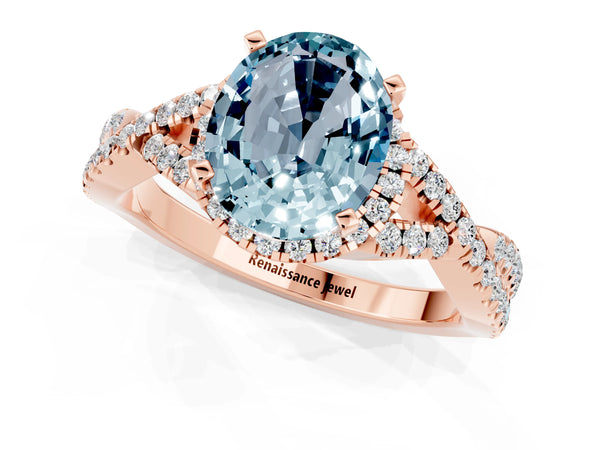 Rose gold Oval Cut Aquamarine  Halo Twist Band Solitaire Prong Setting Ring
