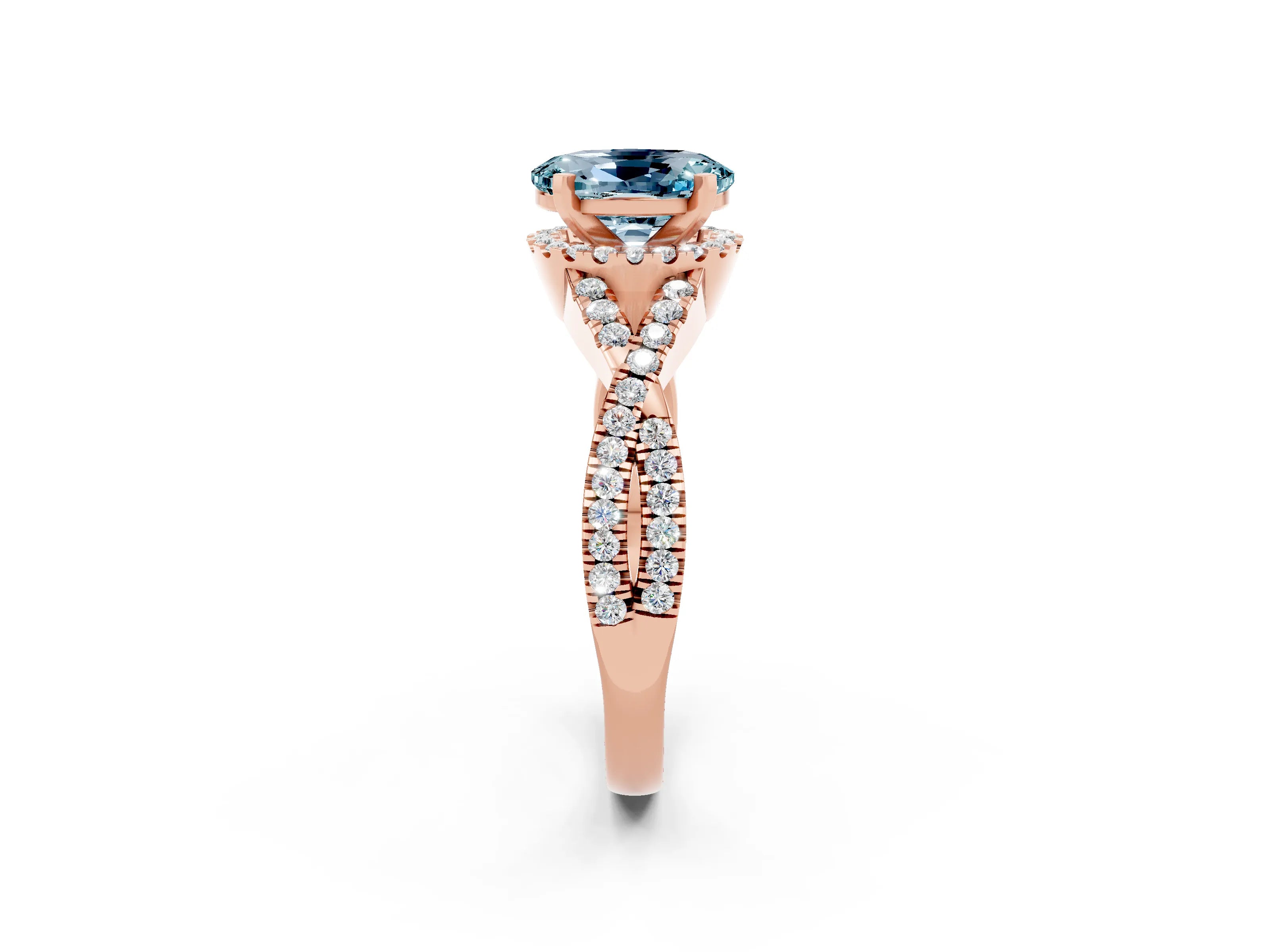 Rose gold Oval Cut Aquamarine Halo Twist Band Solitaire Prong Setting Ring_2