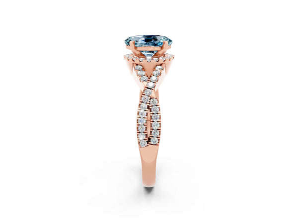 Rose gold Oval Cut Aquamarine  Halo Twist Band Solitaire Prong Setting Ring