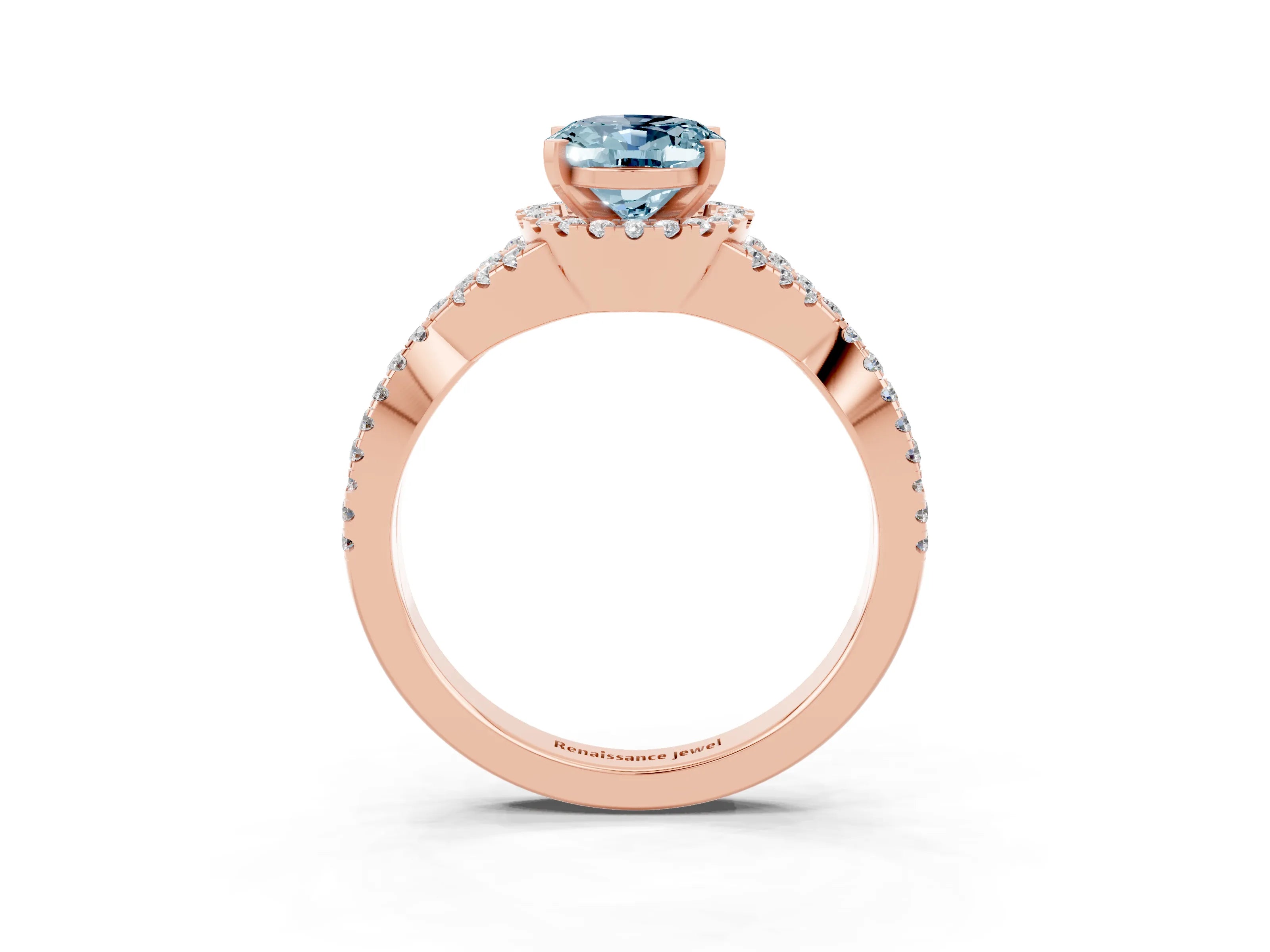 Rose gold Oval Cut Aquamarine Halo Twist Band Solitaire Prong Setting Ring_3