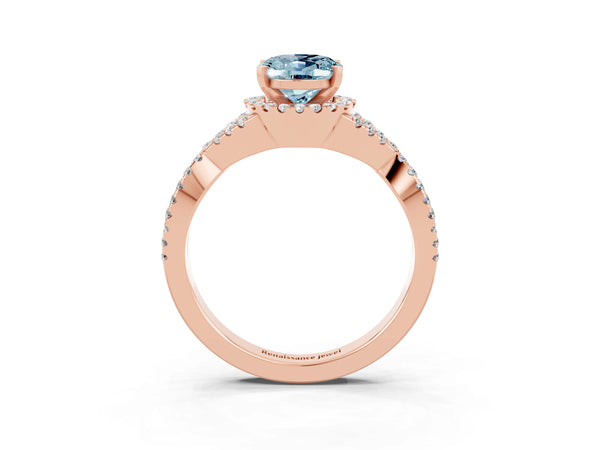 Rose gold Oval Cut Aquamarine  Halo Twist Band Solitaire Prong Setting Ring