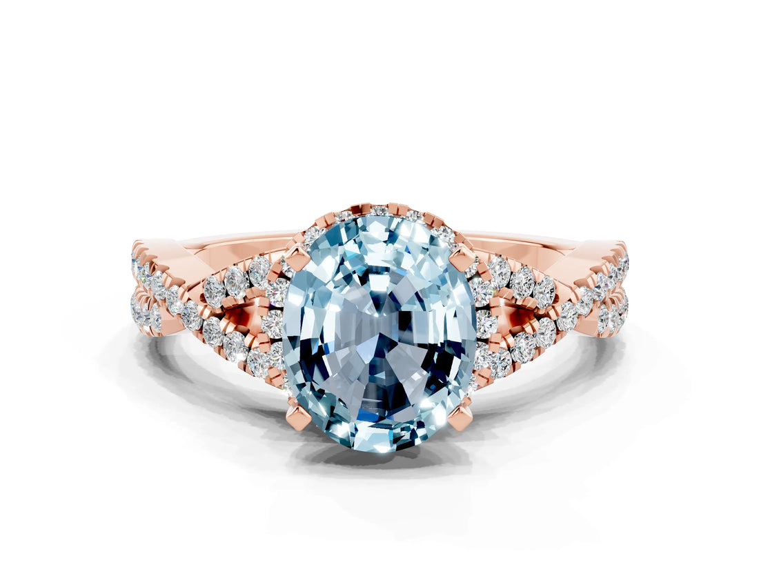 Rose gold Oval Cut Aquamarine  Halo Twist Band Solitaire Prong Setting Ring_36