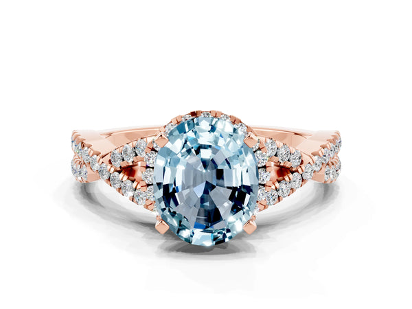 Rose gold Oval Cut Aquamarine  Halo Twist Band Solitaire Prong Setting Ring
