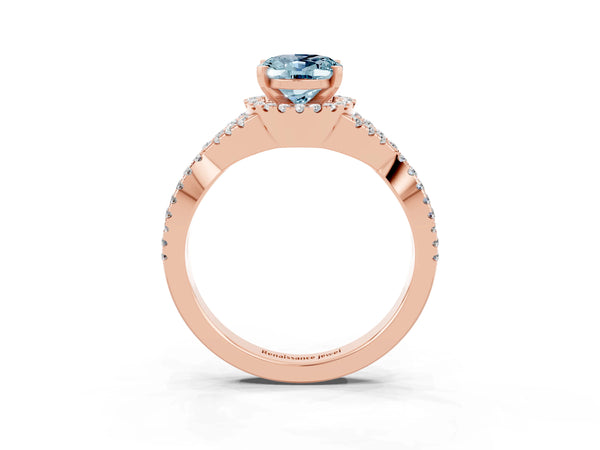 Rose gold Oval Cut Aquamarine  Halo Twist Band Solitaire Prong Setting Ring