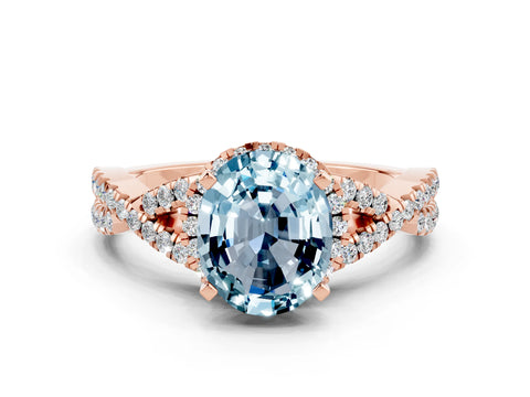 Rose gold Oval Cut Aquamarine Halo Twist Band Solitaire Prong Setting Ring