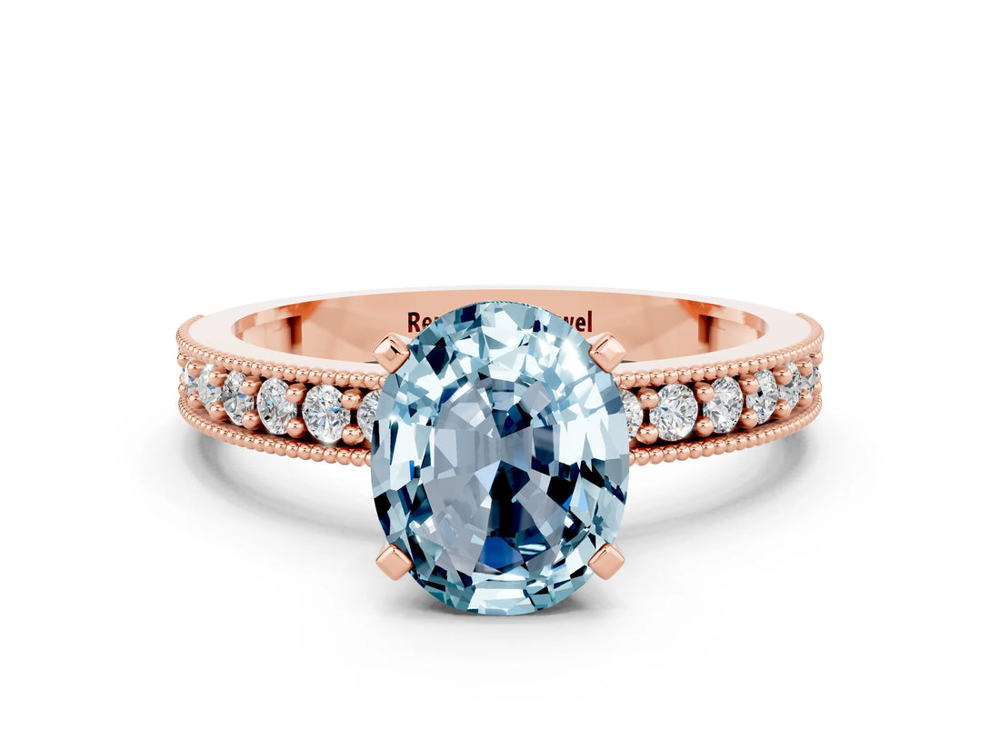 Rose gold Oval Cut Aquamarine Milgrain Pavé Engagement Ring with Four-Prong Setting_12