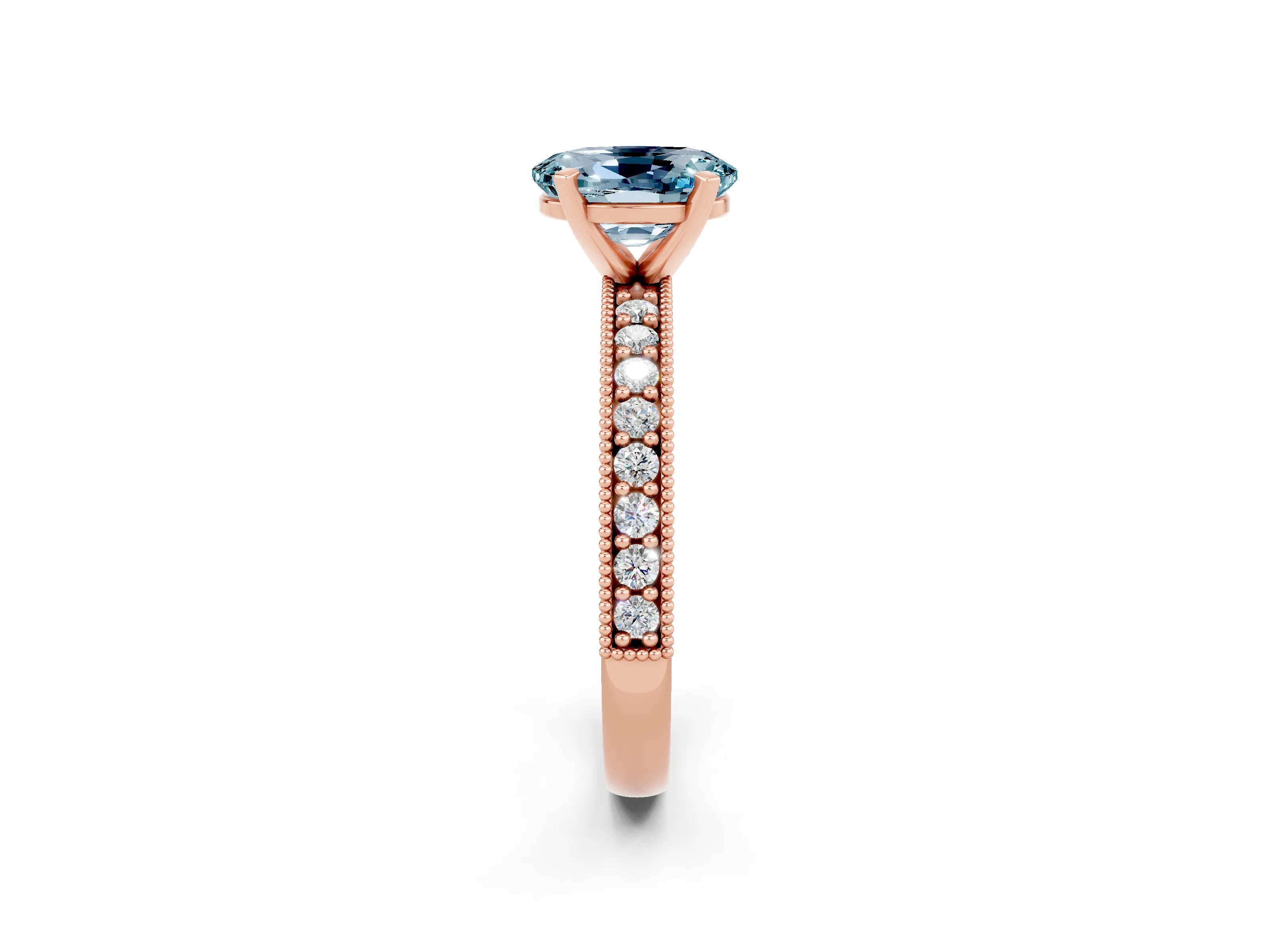 Rose gold Oval Cut Aquamarine Milgrain Pavé Engagement Ring with Four-Prong Setting_14